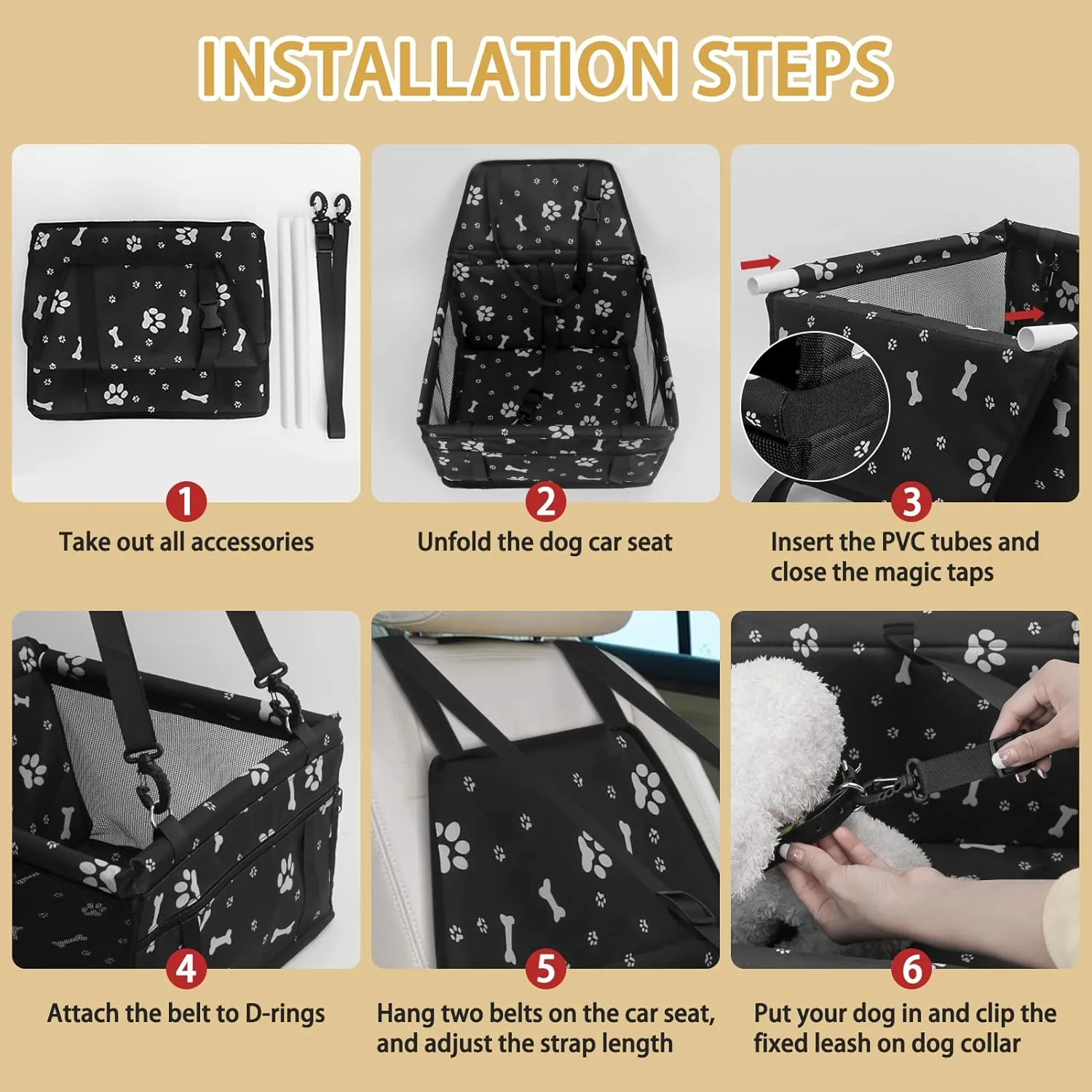 PetsHome Dog Car Seat, Foldable Dog Car Booster Seat Waterproof Breathable Oxford Travel Bag for Small to Medium Dogs, Puppies, and Pets-Pattern Black