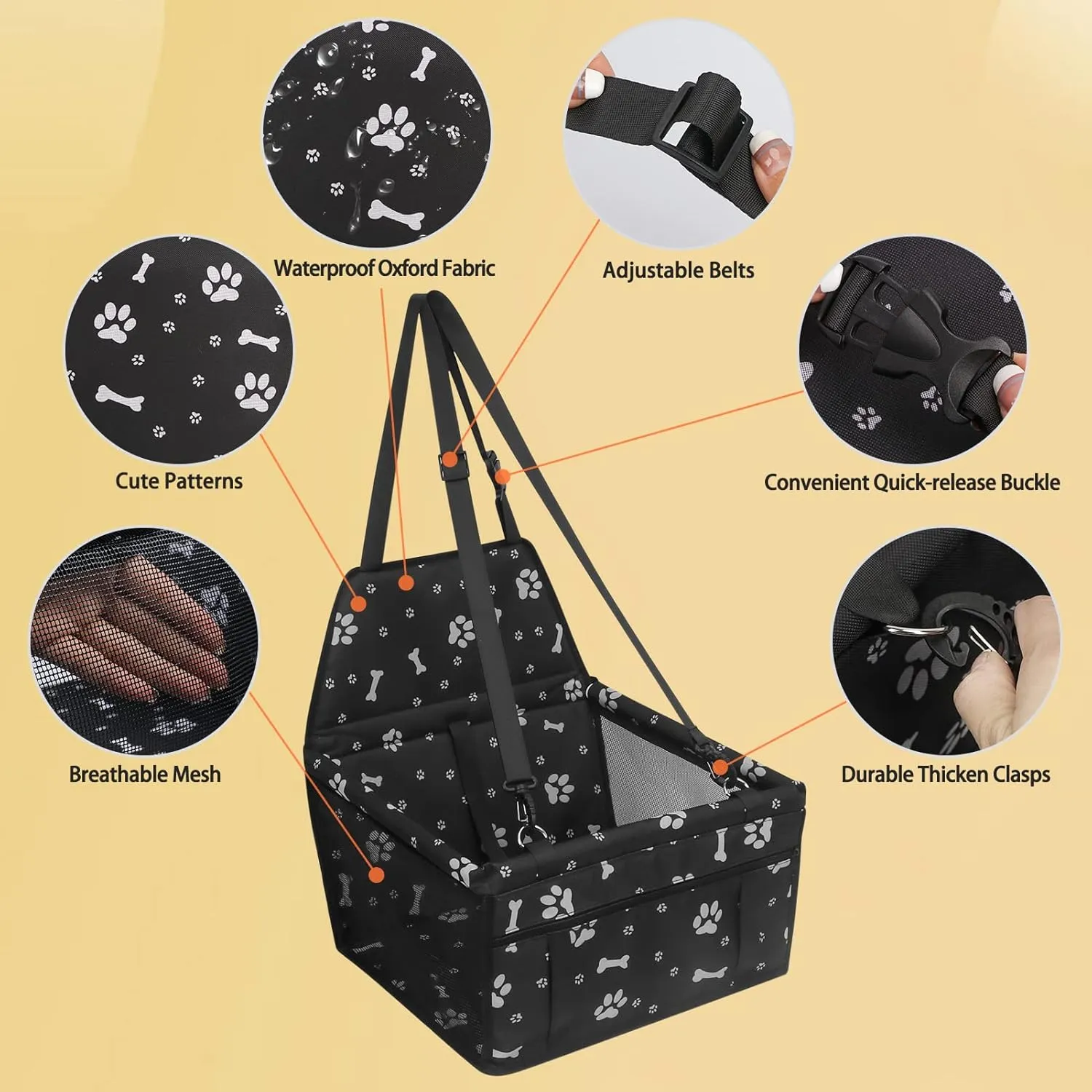 PetsHome Dog Car Seat, Foldable Dog Car Booster Seat Waterproof Breathable Oxford Travel Bag for Small to Medium Dogs, Puppies, and Pets-Pattern Black