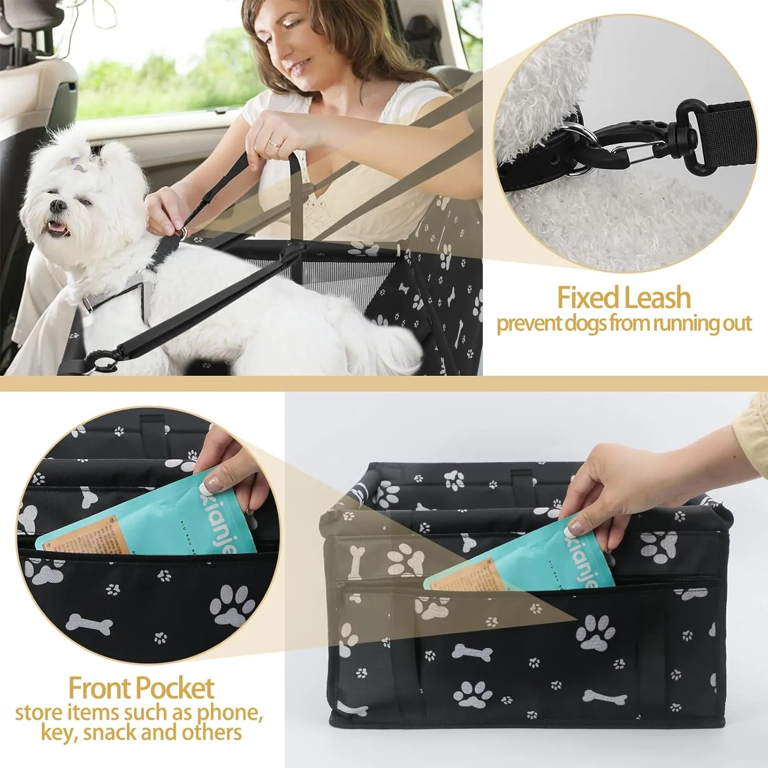 PetsHome Dog Car Seat, Foldable Dog Car Booster Seat Waterproof Breathable Oxford Travel Bag for Small to Medium Dogs, Puppies, and Pets-Pattern Black