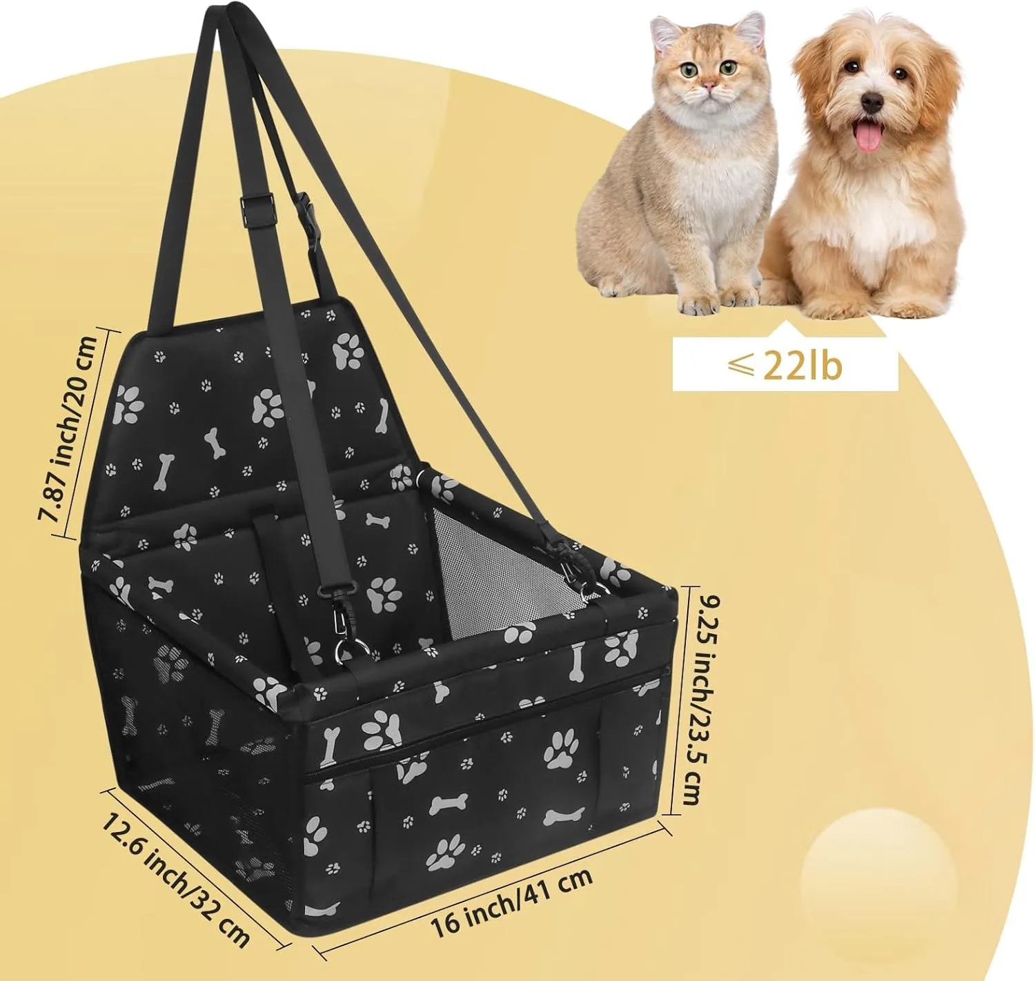 PetsHome Dog Car Seat, Foldable Dog Car Booster Seat Waterproof Breathable Oxford Travel Bag for Small to Medium Dogs, Puppies, and Pets-Pattern Black
