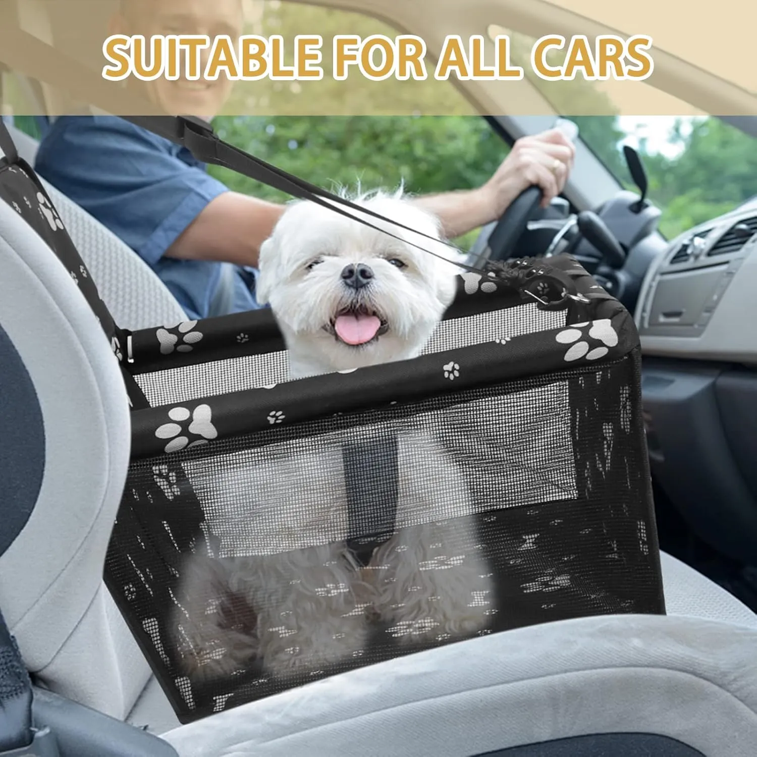 PetsHome Dog Car Seat, Foldable Dog Car Booster Seat Waterproof Breathable Oxford Travel Bag for Small to Medium Dogs, Puppies, and Pets-Pattern Black