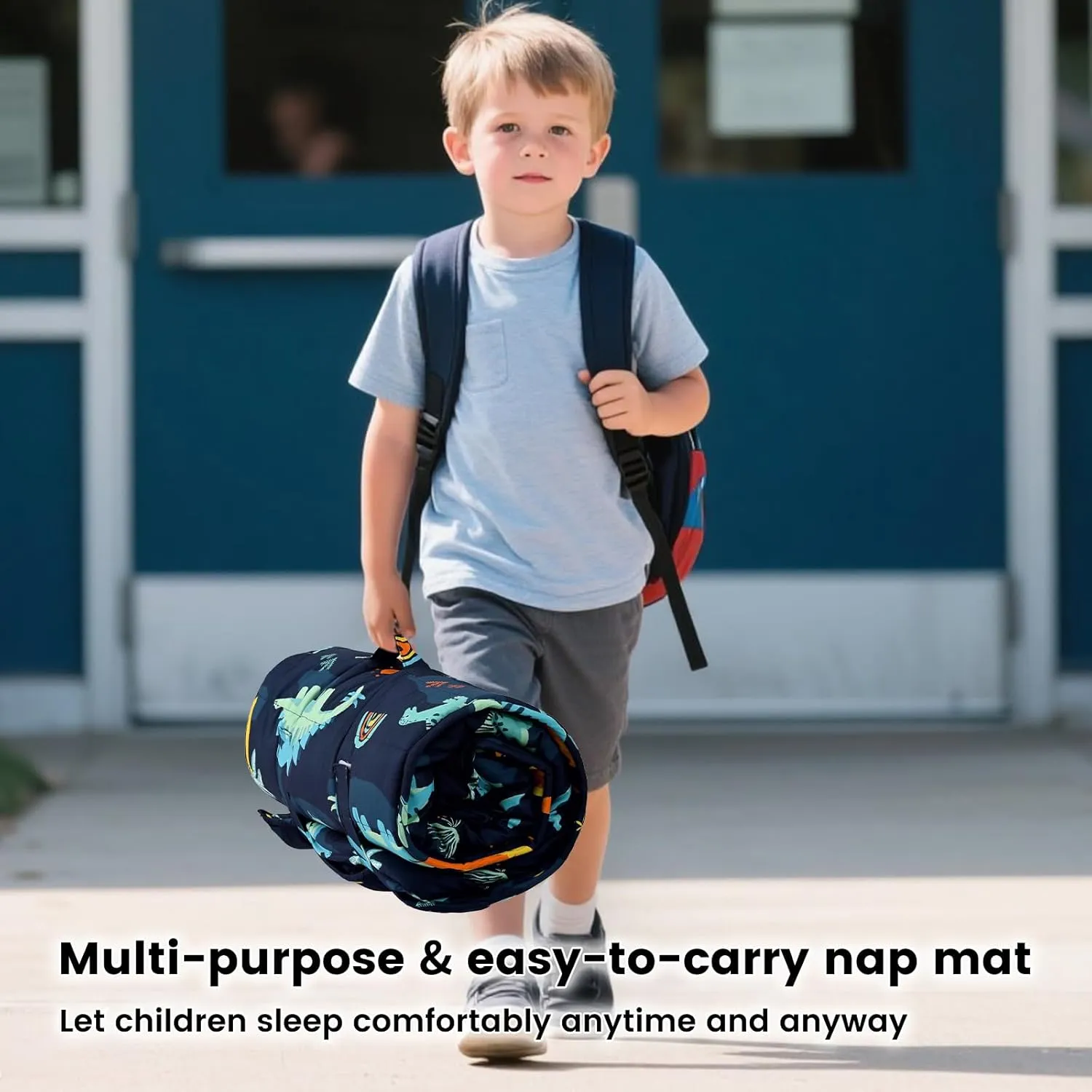 PHF Navy Dinosaur Toddler Nap Mat Set, with Removable Pillow for Toddler Boys, Soft and Lightweight for Daycare, Preschool, Travel, Kindergarten Sleeping Bag, Fits Ages 3-6 Years, Large Navy Dinosaur