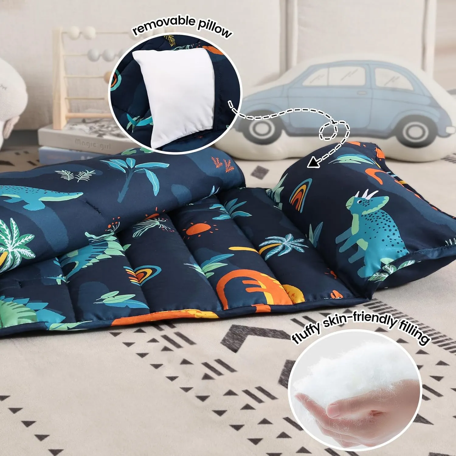 PHF Navy Dinosaur Toddler Nap Mat Set, with Removable Pillow for Toddler Boys, Soft and Lightweight for Daycare, Preschool, Travel, Kindergarten Sleeping Bag, Fits Ages 3-6 Years, Large Navy Dinosaur