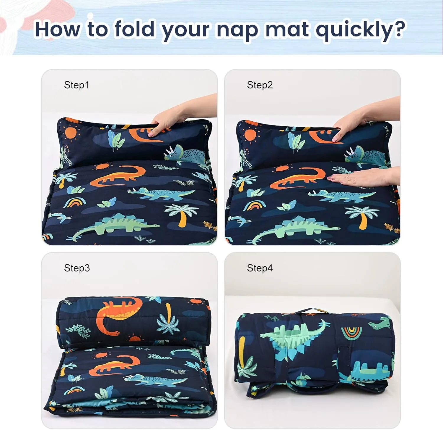 PHF Navy Dinosaur Toddler Nap Mat Set, with Removable Pillow for Toddler Boys, Soft and Lightweight for Daycare, Preschool, Travel, Kindergarten Sleeping Bag, Fits Ages 3-6 Years, Large Navy Dinosaur