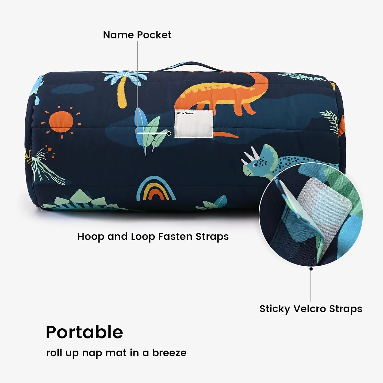 PHF Navy Dinosaur Toddler Nap Mat Set, with Removable Pillow for Toddler Boys, Soft and Lightweight for Daycare, Preschool, Travel, Kindergarten Sleeping Bag, Fits Ages 3-6 Years, Large Navy Dinosaur