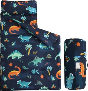 PHF Navy Dinosaur Toddler Nap Mat Set, with Removable Pillow for Toddler Boys, Soft and Lightweight for Daycare, Preschool, Travel, Kindergarten Sleeping Bag, Fits Ages 3-6 Years, Large Navy Dinosaur