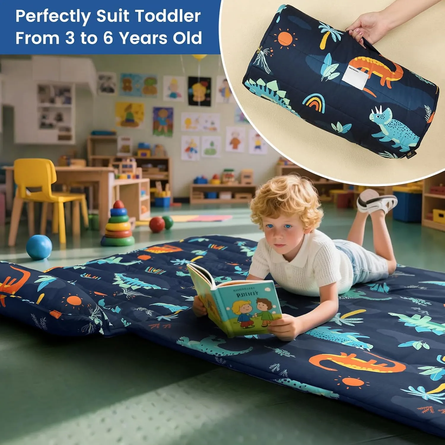PHF Navy Dinosaur Toddler Nap Mat Set, with Removable Pillow for Toddler Boys, Soft and Lightweight for Daycare, Preschool, Travel, Kindergarten Sleeping Bag, Fits Ages 3-6 Years, Large Navy Dinosaur