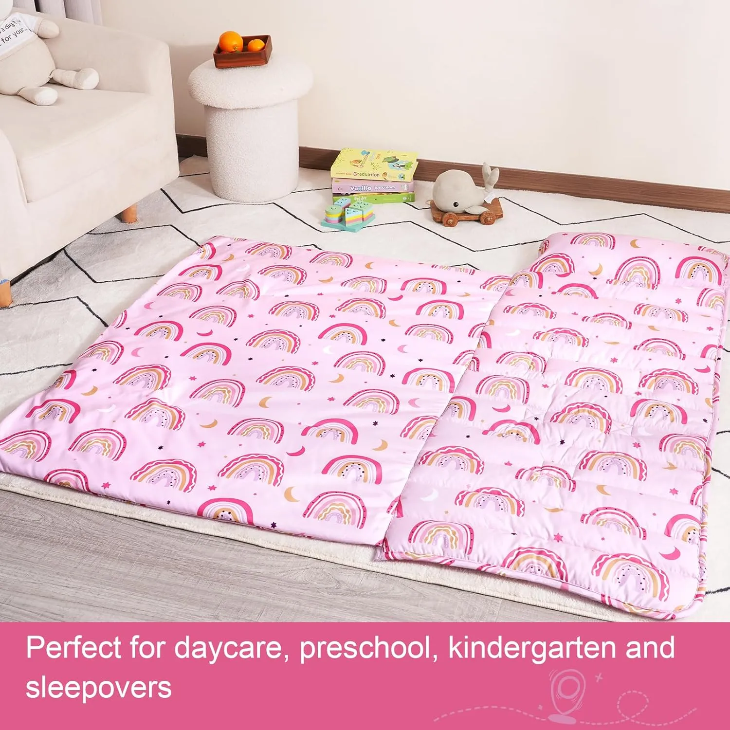 PHF Rainbow Toddler Nap Mat Set, with Removable Pillow for Toddler Girls, Soft and Lightweight for Daycare, Preschool, Travel, Kindergarten Sleeping Bag, Fits Ages 3-6 Years, Rainbow