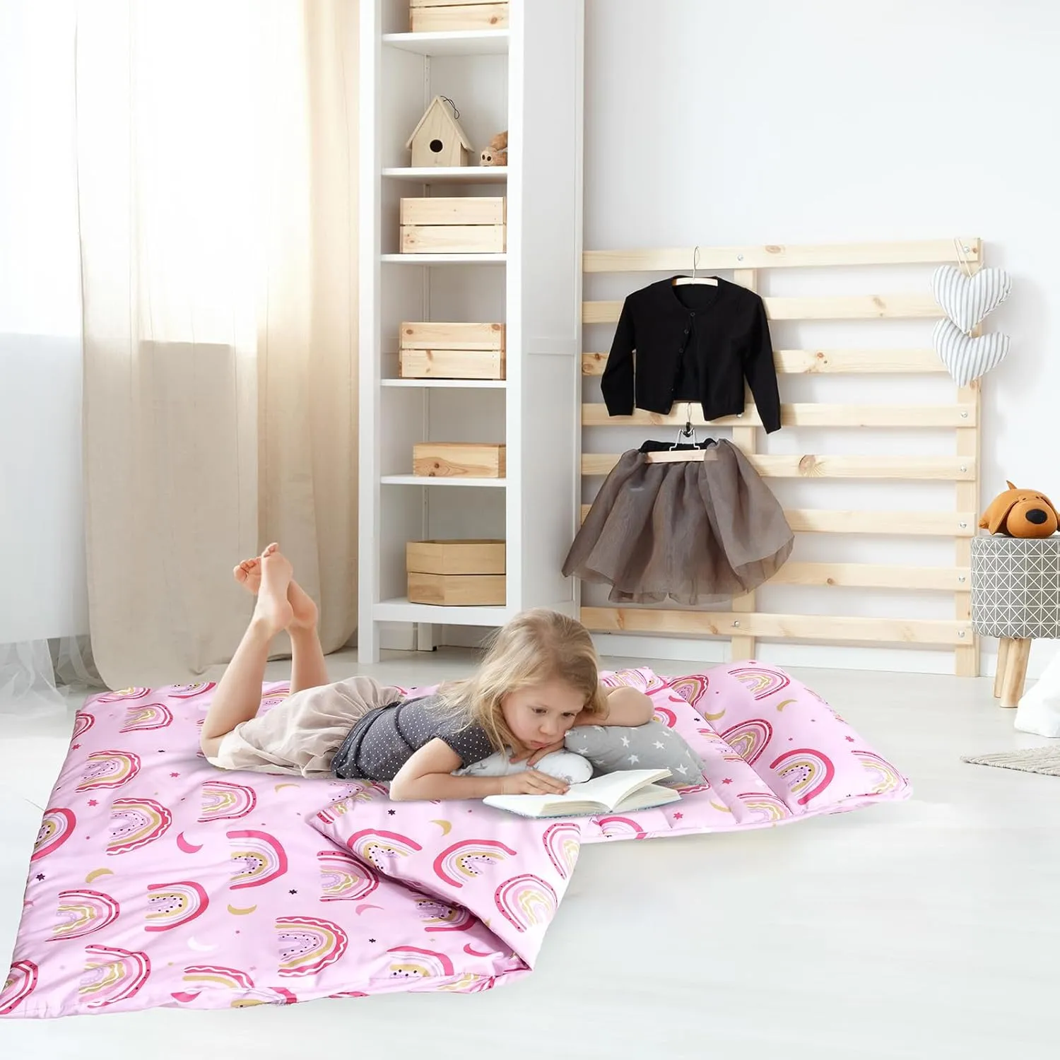 PHF Rainbow Toddler Nap Mat Set, with Removable Pillow for Toddler Girls, Soft and Lightweight for Daycare, Preschool, Travel, Kindergarten Sleeping Bag, Fits Ages 3-6 Years, Rainbow