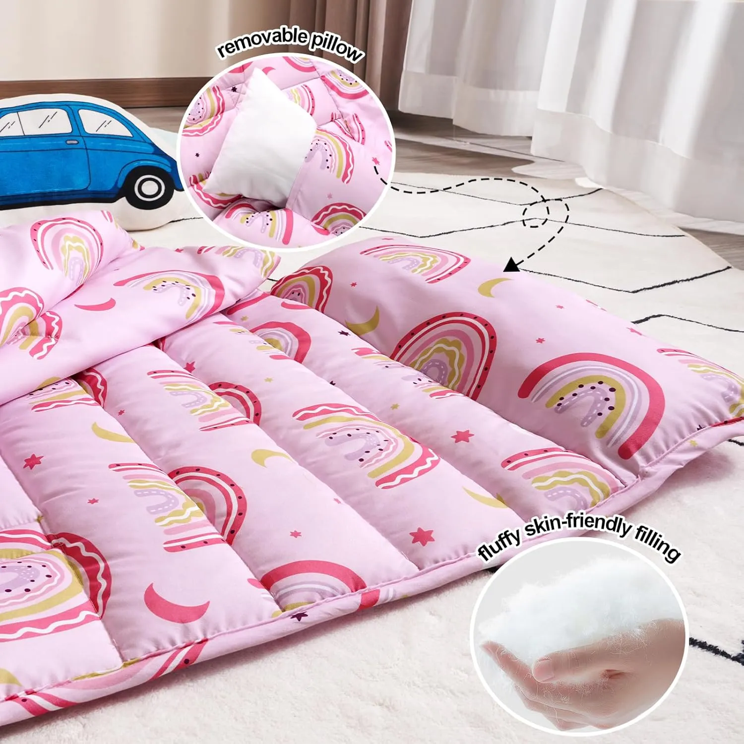 PHF Rainbow Toddler Nap Mat Set, with Removable Pillow for Toddler Girls, Soft and Lightweight for Daycare, Preschool, Travel, Kindergarten Sleeping Bag, Fits Ages 3-6 Years, Rainbow