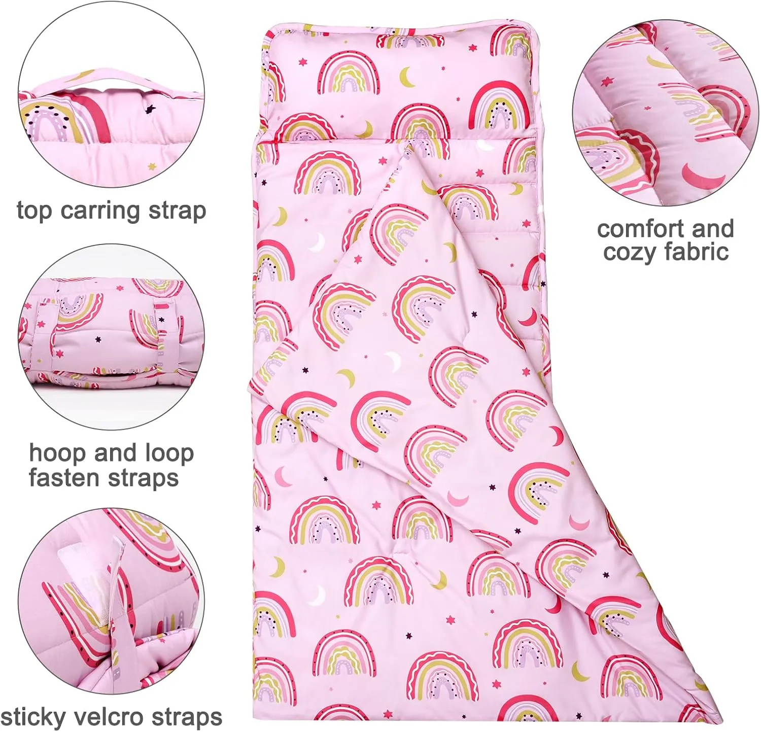 PHF Rainbow Toddler Nap Mat Set, with Removable Pillow for Toddler Girls, Soft and Lightweight for Daycare, Preschool, Travel, Kindergarten Sleeping Bag, Fits Ages 3-6 Years, Rainbow