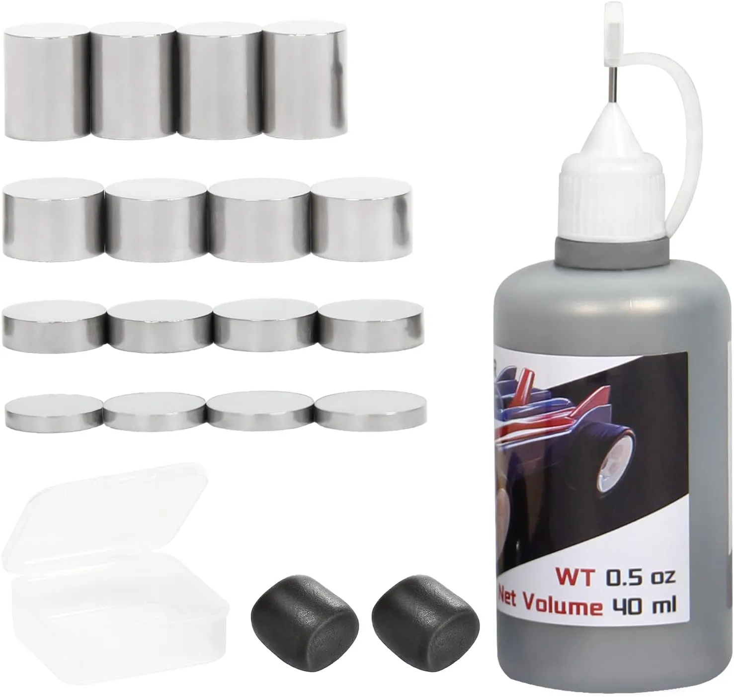 Pinewood Tungsten Weights 3.75 OZ (16 pcs, 3/8 Inch)，Tungsten Putty Weights 1 OZ (2 Pcs) and 40ML Graphite Lubricant Powder, Derby Car Kit to Optimize Your Car