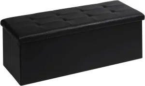 PINPLUS Folding Storage Ottoman Bench, Black Faux Leather Long Storage Chest with Tray, Shoes Bench, Footrest Seat, Blanket Storage for Living Room Bedroom Office Hallway, 43.3"x15"x15"
