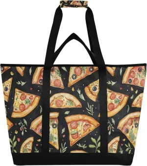 Pizza Reusable Insulated Cooler Bag with Ice Pack Compartment - Large 47L Waterproof Thermal Grocery Tote for Picnic Beach Camping Lunch Storage