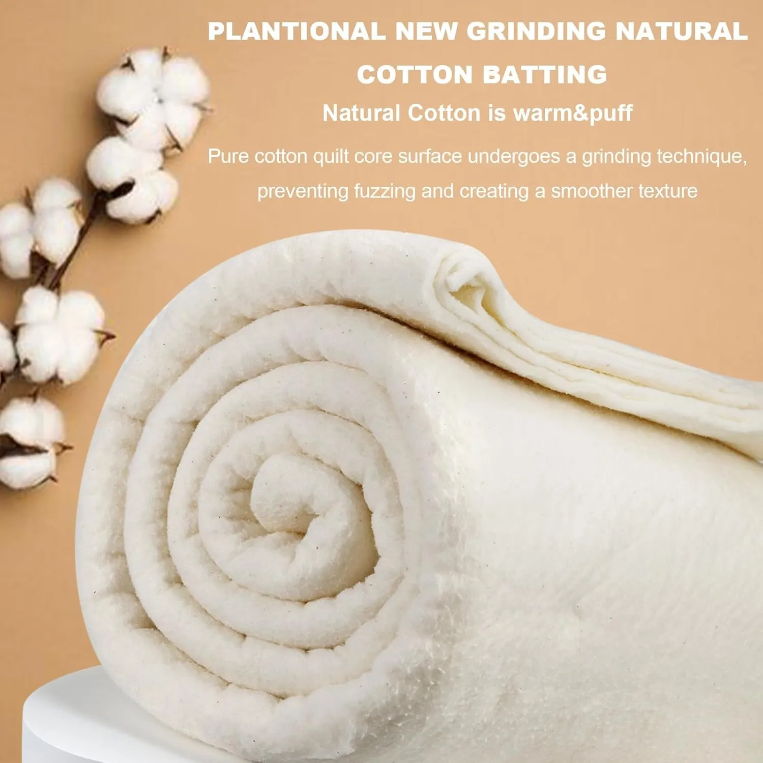 PLANTIONAL Grinding Natural Cotton Quilt Batting: 79-Inch x 91-Inch Light Weight Purely Natural All Season Quilt Batting for Quilts, Craft and Wearable Arts