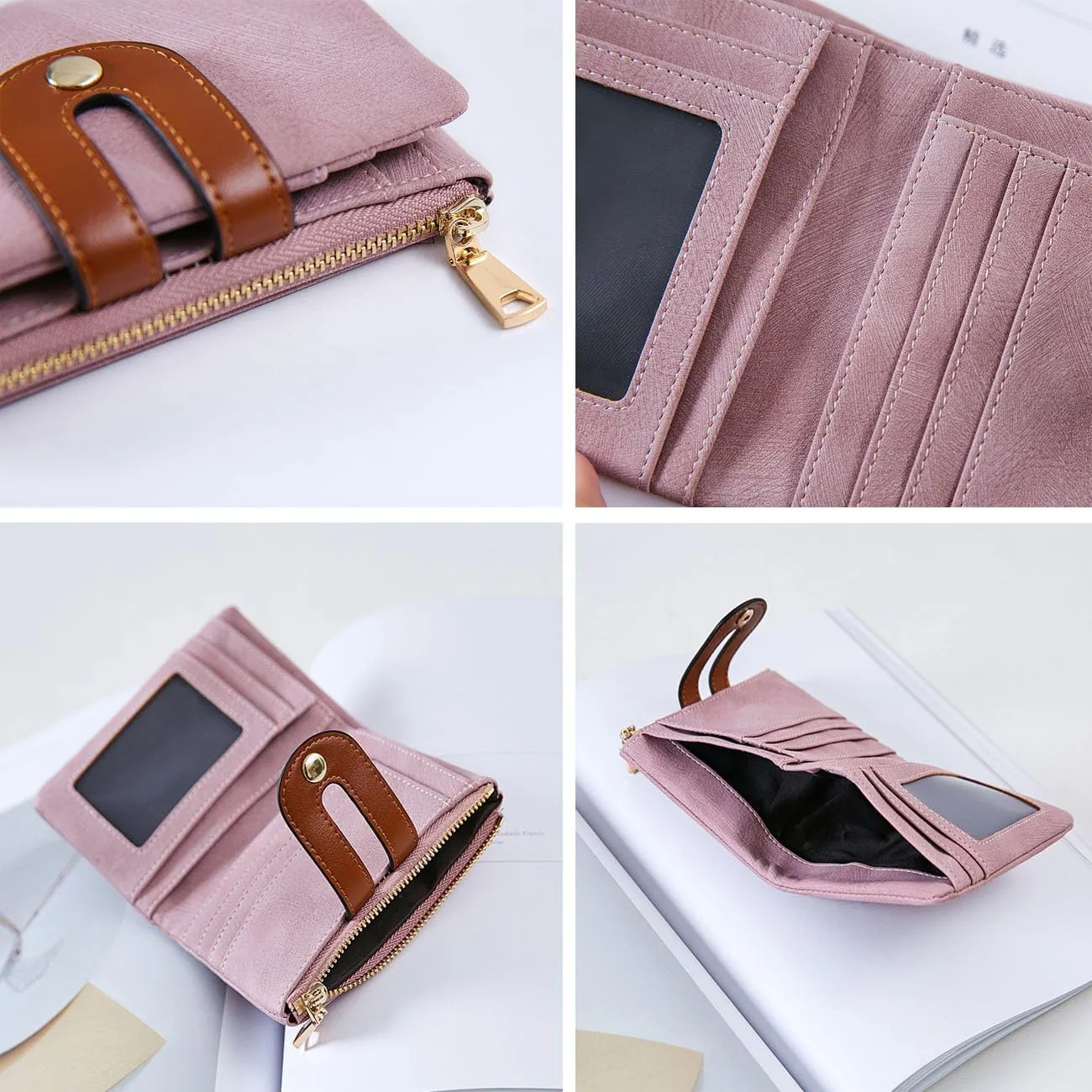 PofeeXIO Womens Wallets Small Rfid Ladies Bifold Wallet With Zipper Coin Pocket,Mini Purse Soft Compact Thin (Pink)