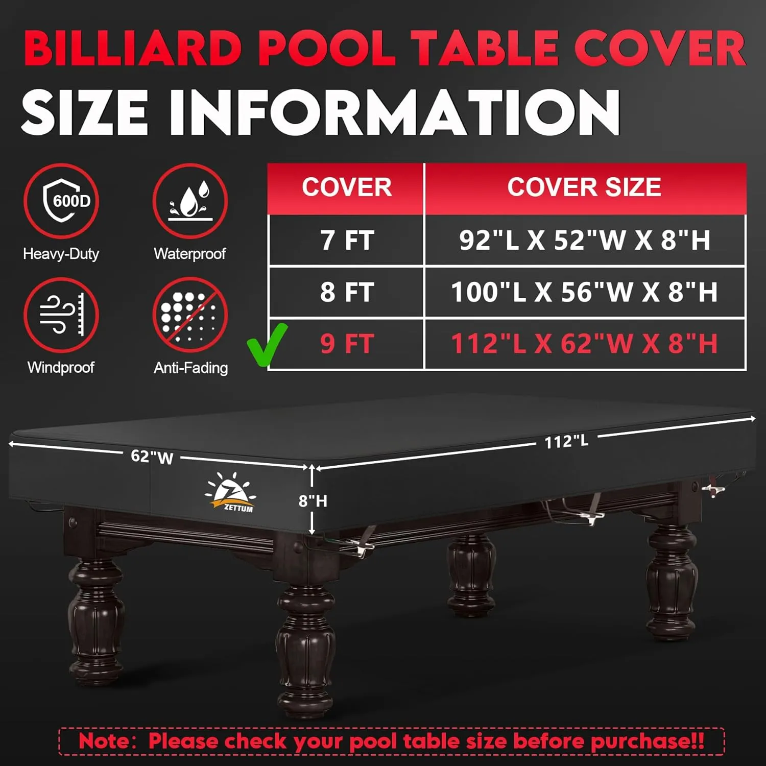Pool Table Cover - Billiard Table Covers, 600D Waterproof & Heavy Duty Covers for Billiard Pool Table, Scratch-Proof UV Protection Snooker Furniture Table Cover - 9 Feet