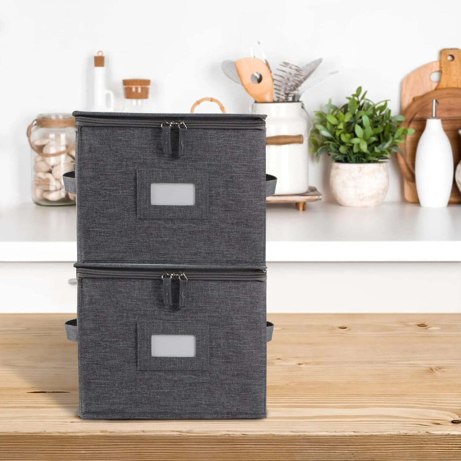 popoly China Storage Container for Saucer and Appetizer Plates, 7" W x 6" H Bowl Storage Containers with 24 Felt Dividers, Hard Shell and Stackable (2 Pack Grey)
