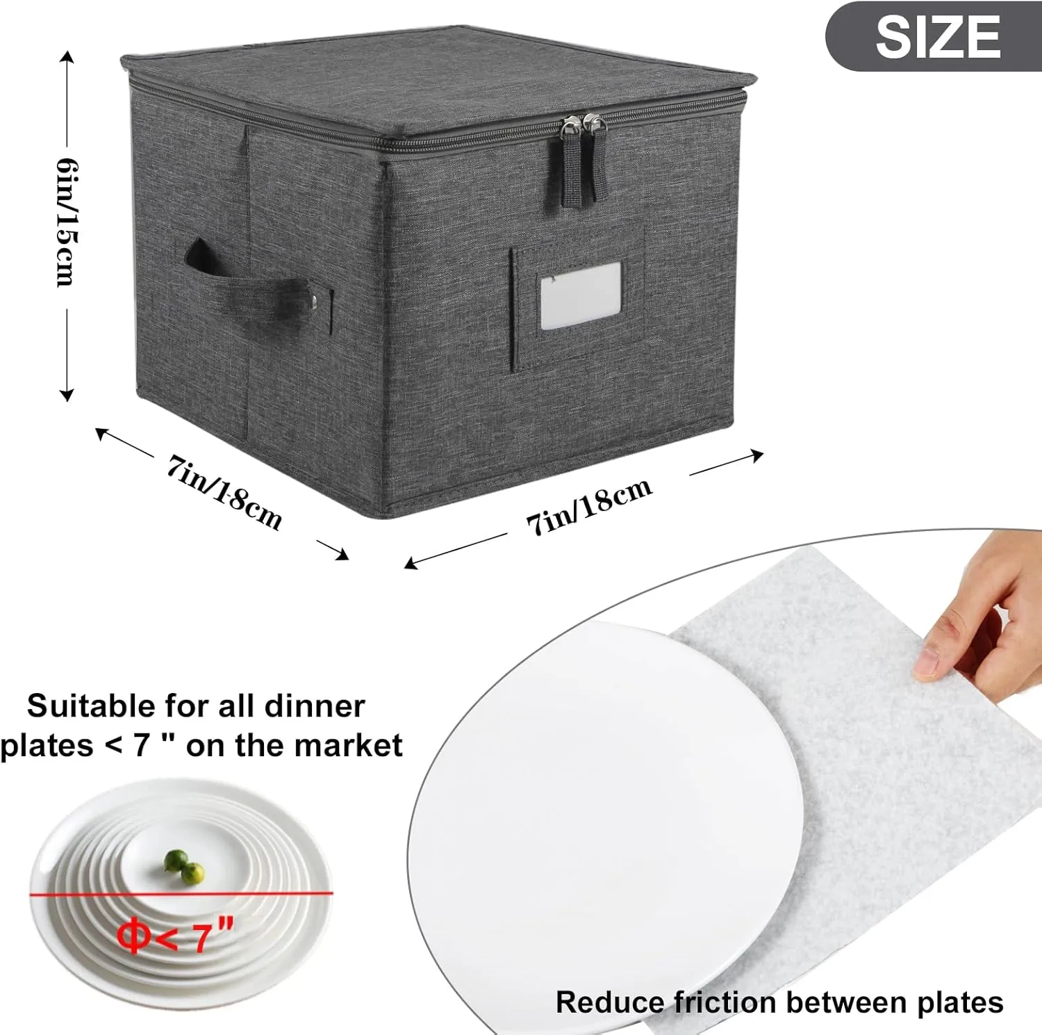 popoly China Storage Container for Saucer and Appetizer Plates, 7" W x 6" H Bowl Storage Containers with 24 Felt Dividers, Hard Shell and Stackable (2 Pack Grey)