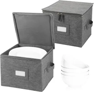 popoly China Storage Container for Saucer and Appetizer Plates, 7" W x 6" H Bowl Storage Containers with 24 Felt Dividers, Hard Shell and Stackable (2 Pack Grey)