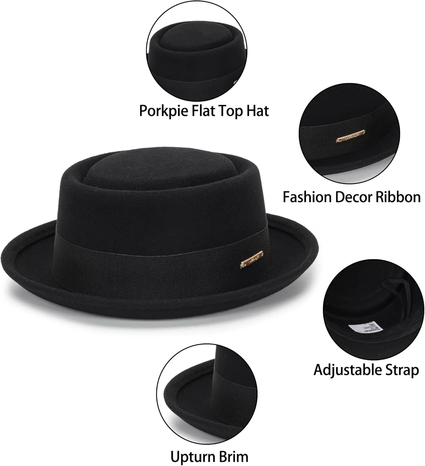 Pork-Pie-Hat Wool-Felt-Bowler Porkpie-Boater Derby-Fedora-Hat for Men-Women (M)