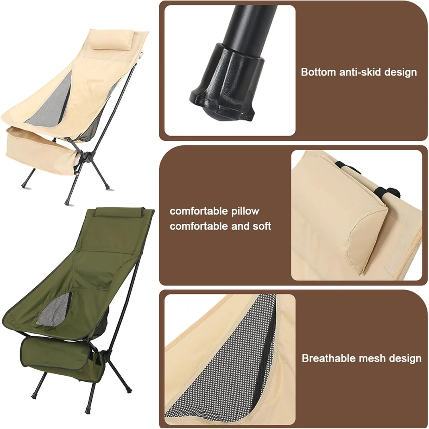 Portable Camping Chair Outdoor Folding Deck Chairs with Headrest, High-Back Fishing Casual Rocking for Sports Picnic Beach Hiking