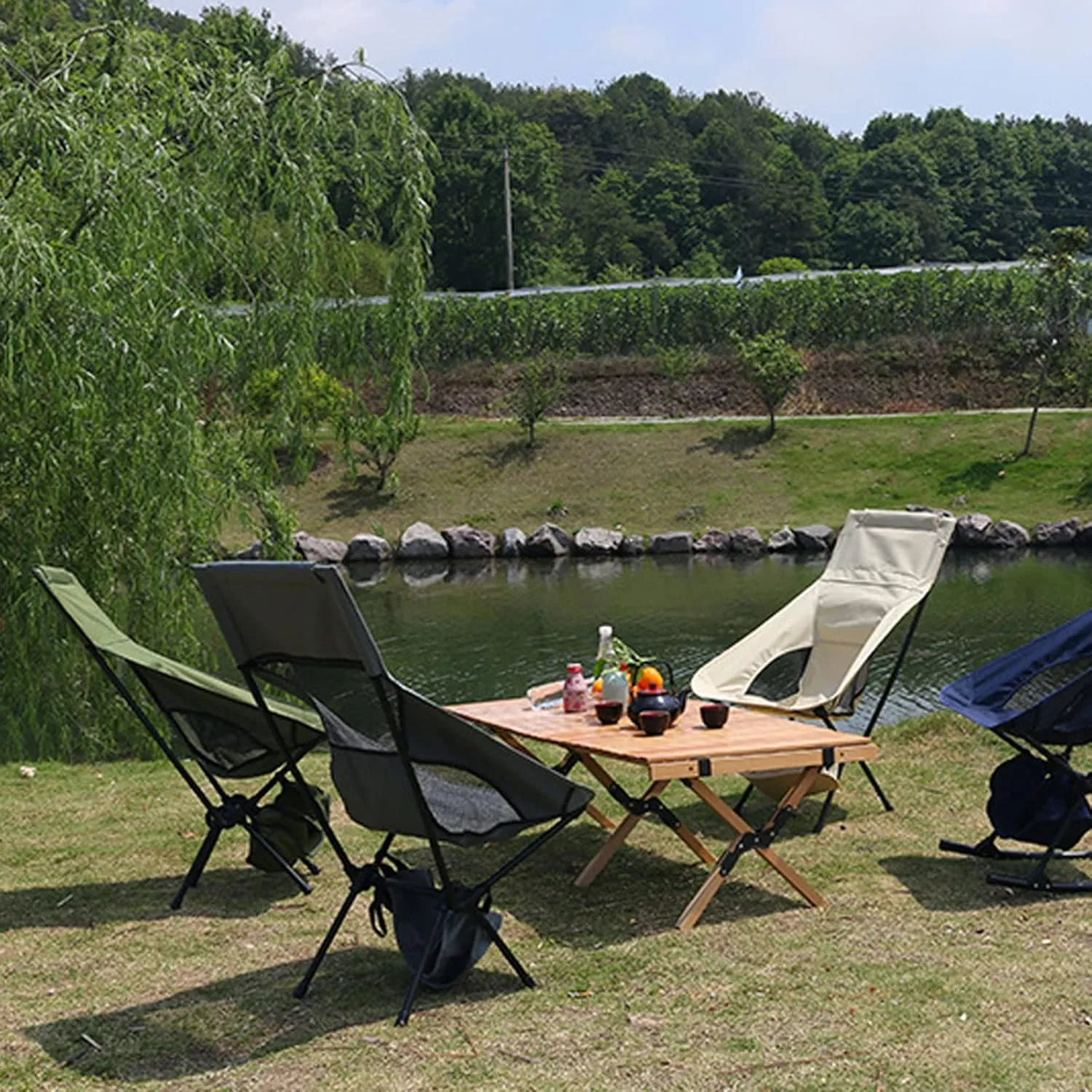 Portable Camping Chair Outdoor Folding Deck Chairs with Headrest, High-Back Fishing Casual Rocking for Sports Picnic Beach Hiking