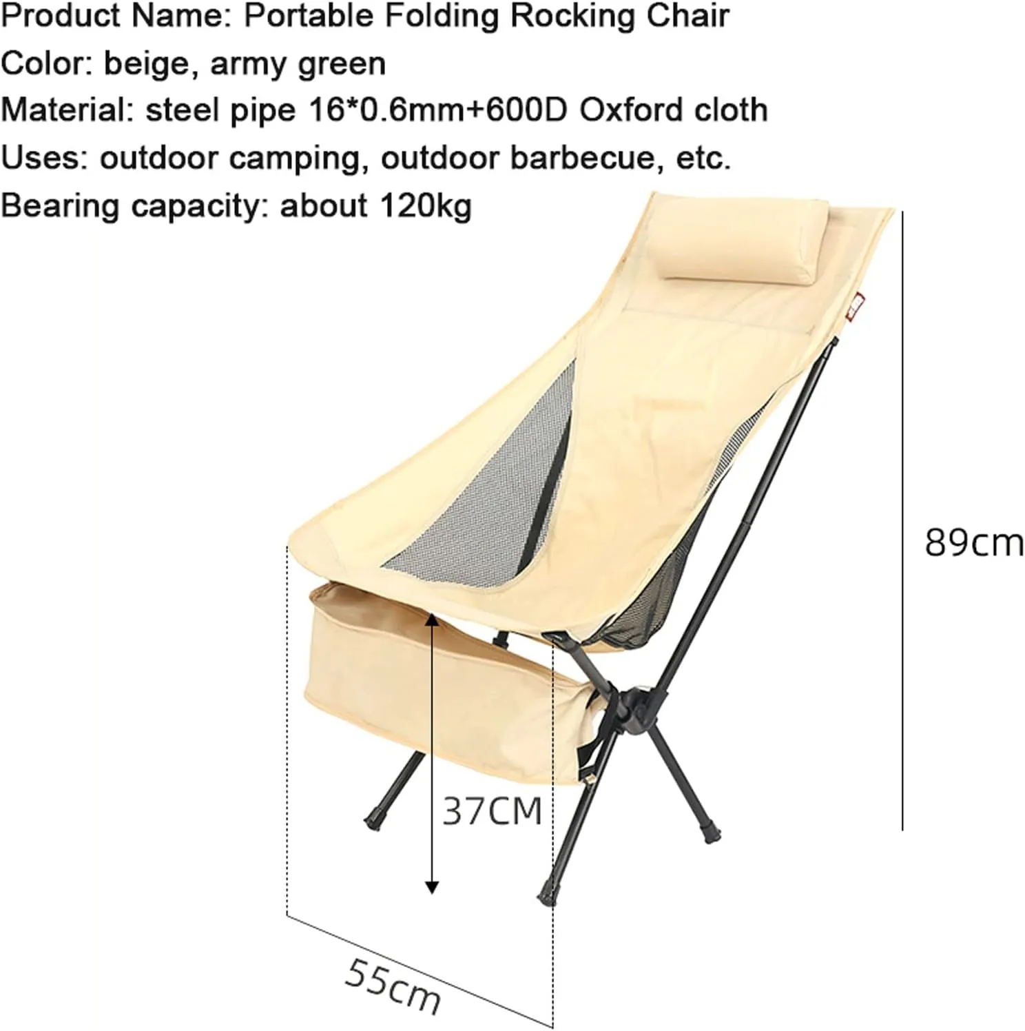Portable Camping Chair Outdoor Folding Deck Chairs with Headrest, High-Back Fishing Casual Rocking for Sports Picnic Beach Hiking