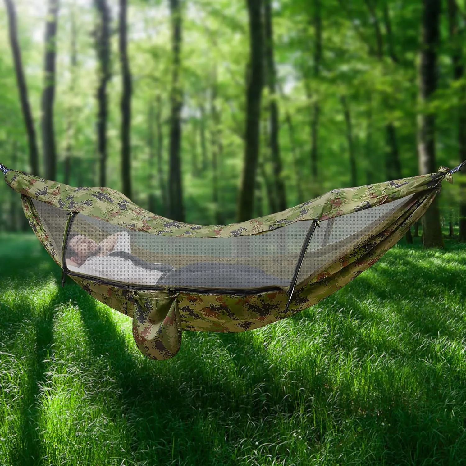 Portable Camping Hammock, Lay Flat Hammock Tent with Sunshade Cloth, Hammock for Camping, Traveling, Hiking(Camouflage Color)