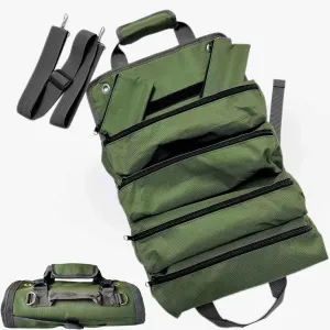 Portable Roll-Up Tool Bag, with Multiple Compartments and Shoulder Strap,Durable Tool Roll Organizer Carrier Storage Kit for Hand Tools, 1680D Oxford Roll Bag for Repair tools, Green