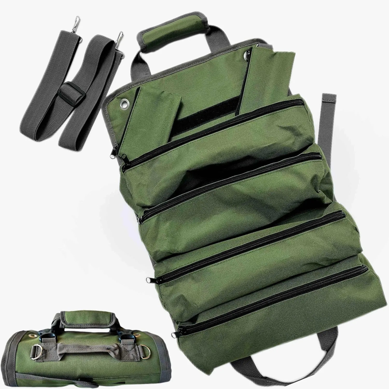 Portable Roll-Up Tool Bag, with Multiple Compartments and Shoulder Strap,Durable Tool Roll Organizer Carrier Storage Kit for Hand Tools, 1680D Oxford Roll Bag for Repair tools, Green