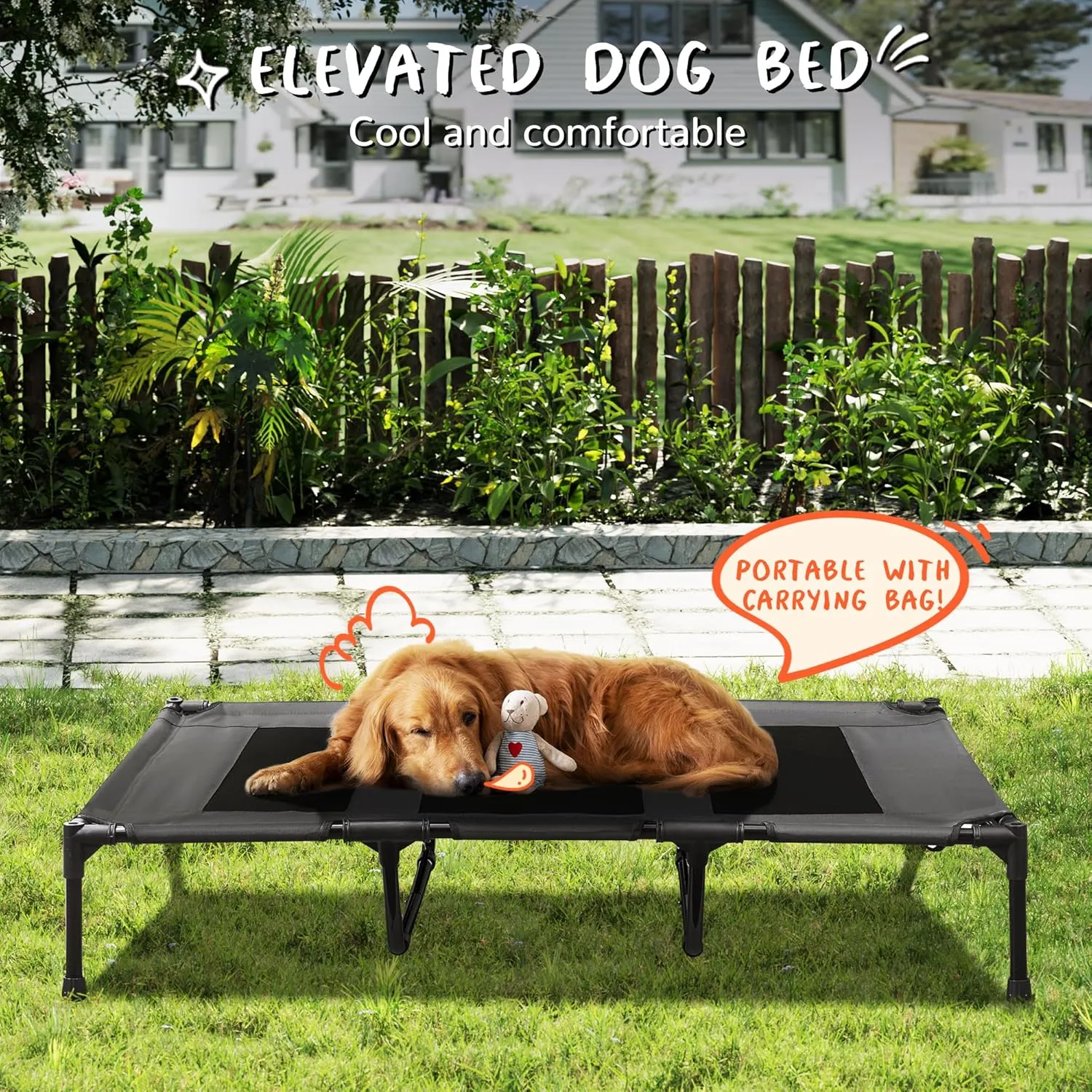 PRAISUN XL Outdoor Dog Bed, Elevated Dog Bed with Durable Oxford Fabric, Textilene Mesh, Metal Frame for Indoors, Outdoors, Lawn, Black