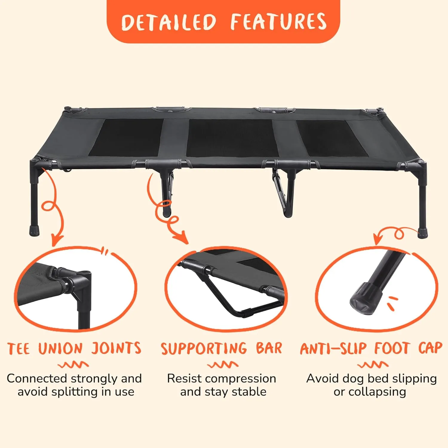PRAISUN XL Outdoor Dog Bed, Elevated Dog Bed with Durable Oxford Fabric, Textilene Mesh, Metal Frame for Indoors, Outdoors, Lawn, Black
