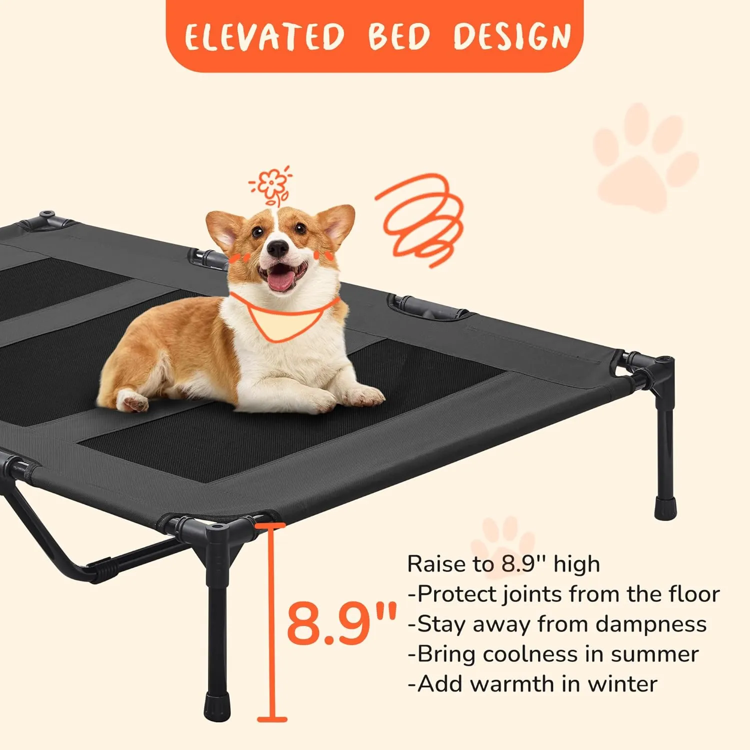 PRAISUN XL Outdoor Dog Bed, Elevated Dog Bed with Durable Oxford Fabric, Textilene Mesh, Metal Frame for Indoors, Outdoors, Lawn, Black