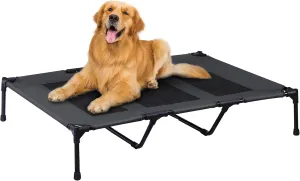PRAISUN XL Outdoor Dog Bed, Elevated Dog Bed with Durable Oxford Fabric, Textilene Mesh, Metal Frame for Indoors, Outdoors, Lawn, Black