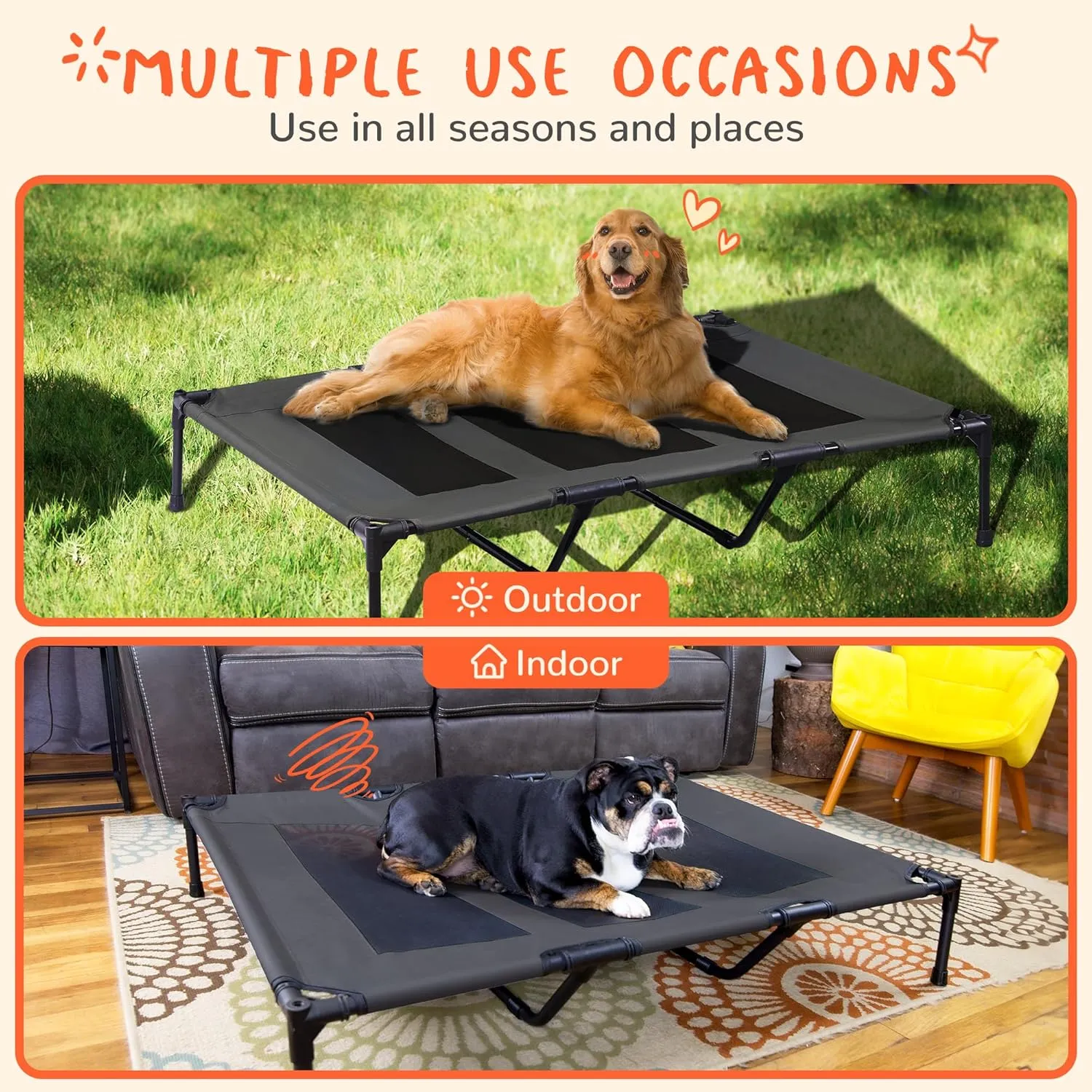 PRAISUN XL Outdoor Dog Bed, Elevated Dog Bed with Durable Oxford Fabric, Textilene Mesh, Metal Frame for Indoors, Outdoors, Lawn, Black