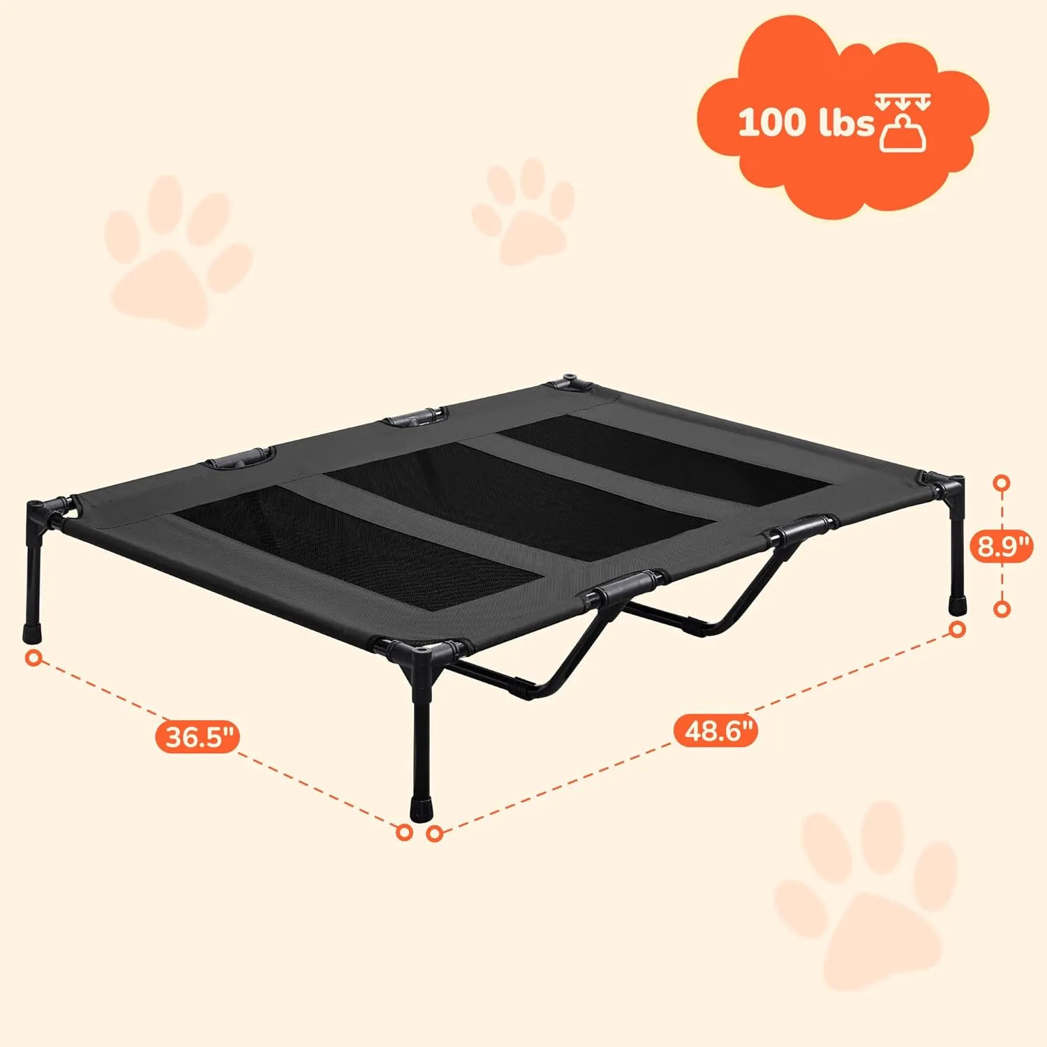 PRAISUN XL Outdoor Dog Bed, Elevated Dog Bed with Durable Oxford Fabric, Textilene Mesh, Metal Frame for Indoors, Outdoors, Lawn, Black