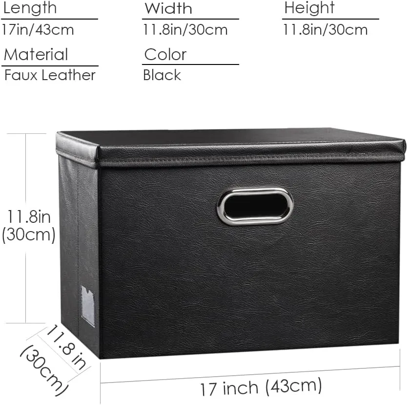 PRANDOM Large Foldable Storage Bins with Lids [3-Pack] Leather Fabric Collapsible Storage Boxes Organizer Containers Baskets Cube with Cover for Home Bedroom Closet Office Black(17.7x11.8x11.8)