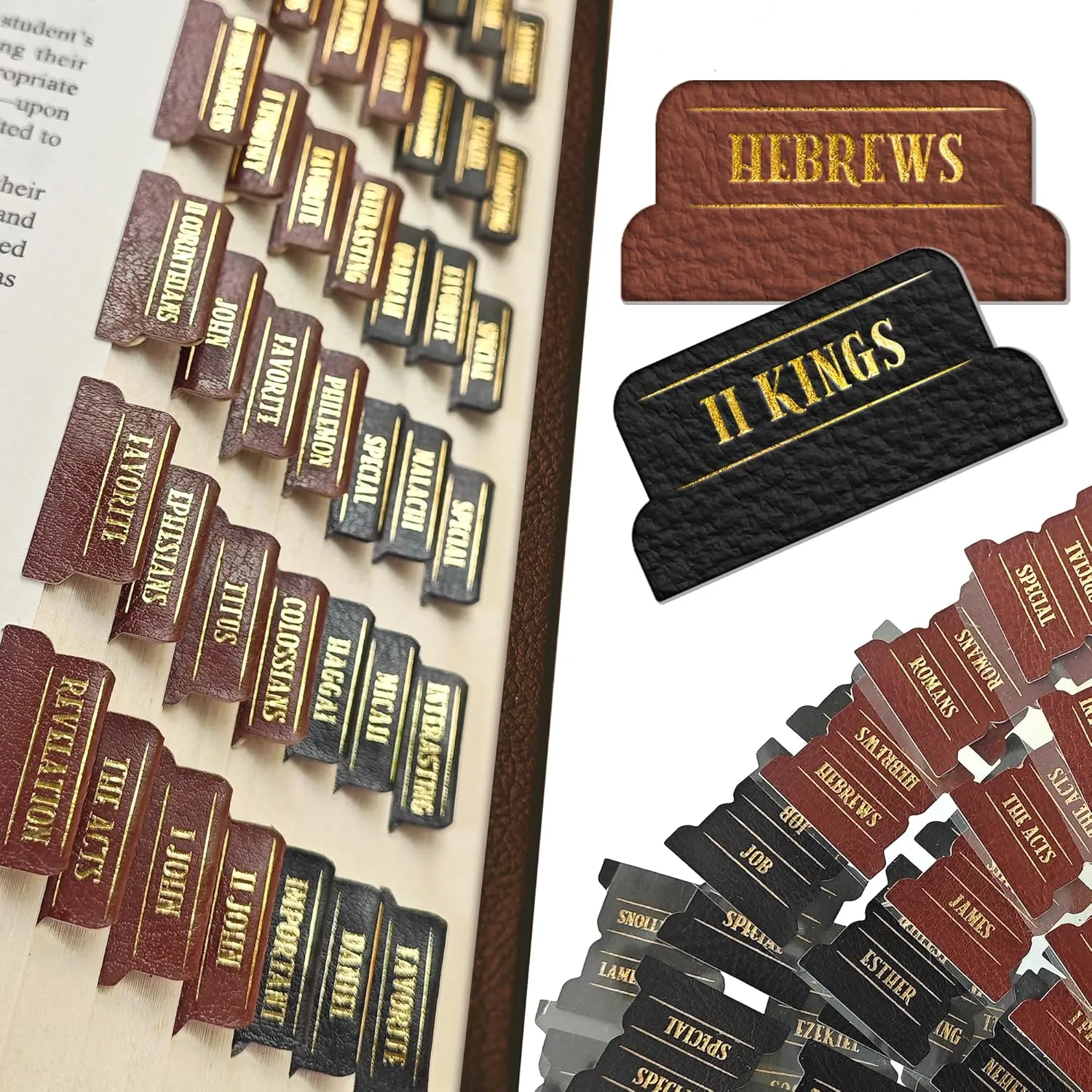 Premium Bible Tabs Set, 75 PCS PU Leather Bible Labels with Gold Stamping, 12 Tabbed Sheets in Black and Brown
