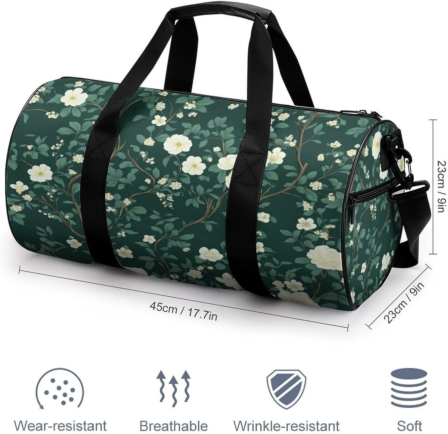 Pretty Green Floral Chinoiserie Pattern Travel Gym Bag for Women Men Cylindrical Duffle Bag Sport Workout Bag with Shoulder Strap