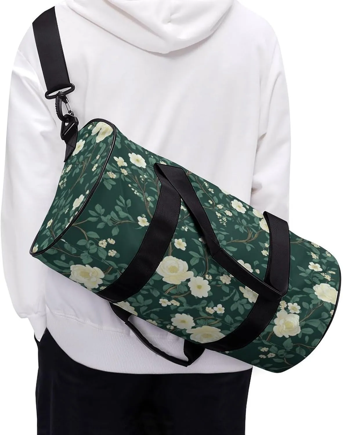 Pretty Green Floral Chinoiserie Pattern Travel Gym Bag for Women Men Cylindrical Duffle Bag Sport Workout Bag with Shoulder Strap