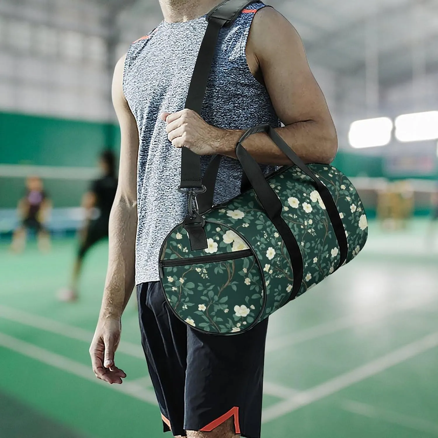Pretty Green Floral Chinoiserie Pattern Travel Gym Bag for Women Men Cylindrical Duffle Bag Sport Workout Bag with Shoulder Strap
