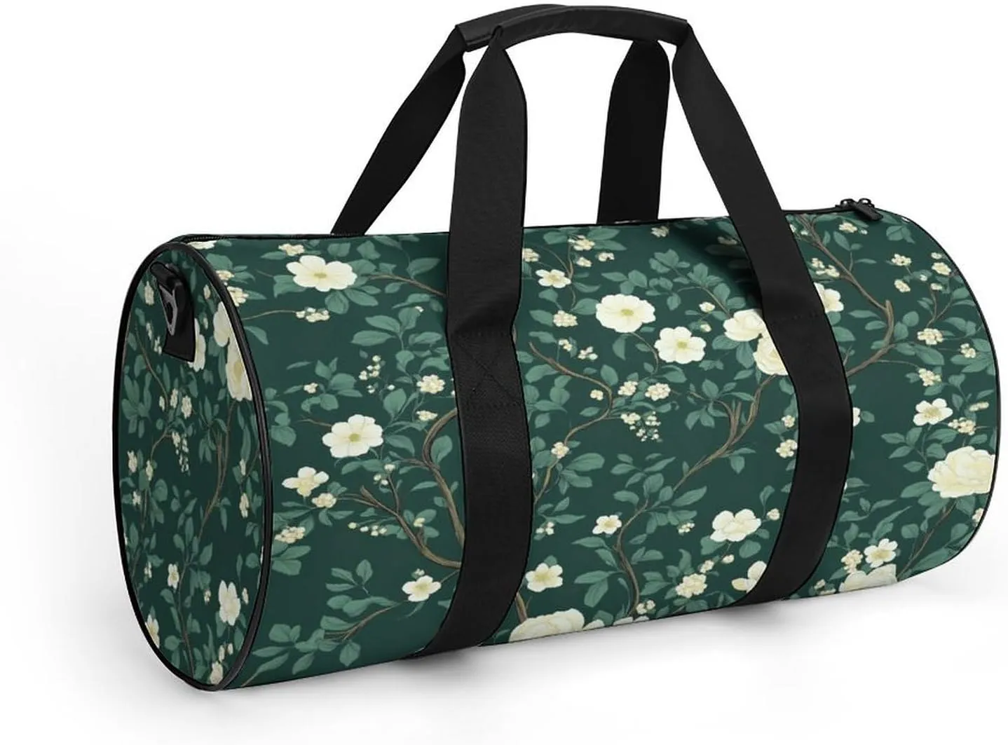 Pretty Green Floral Chinoiserie Pattern Travel Gym Bag for Women Men Cylindrical Duffle Bag Sport Workout Bag with Shoulder Strap