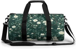 Pretty Green Floral Chinoiserie Pattern Travel Gym Bag for Women Men Cylindrical Duffle Bag Sport Workout Bag with Shoulder Strap