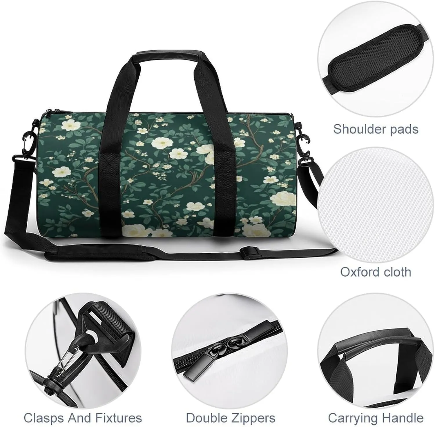 Pretty Green Floral Chinoiserie Pattern Travel Gym Bag for Women Men Cylindrical Duffle Bag Sport Workout Bag with Shoulder Strap