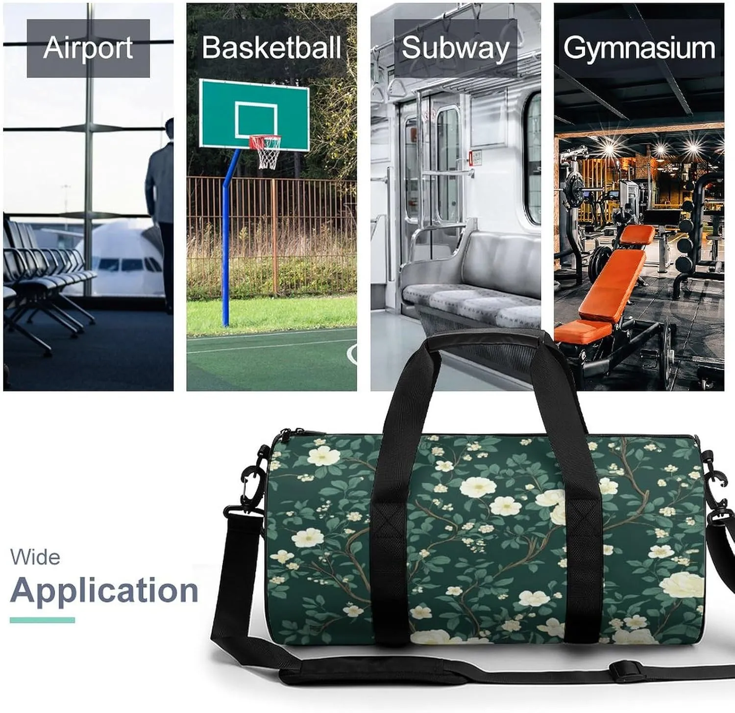 Pretty Green Floral Chinoiserie Pattern Travel Gym Bag for Women Men Cylindrical Duffle Bag Sport Workout Bag with Shoulder Strap