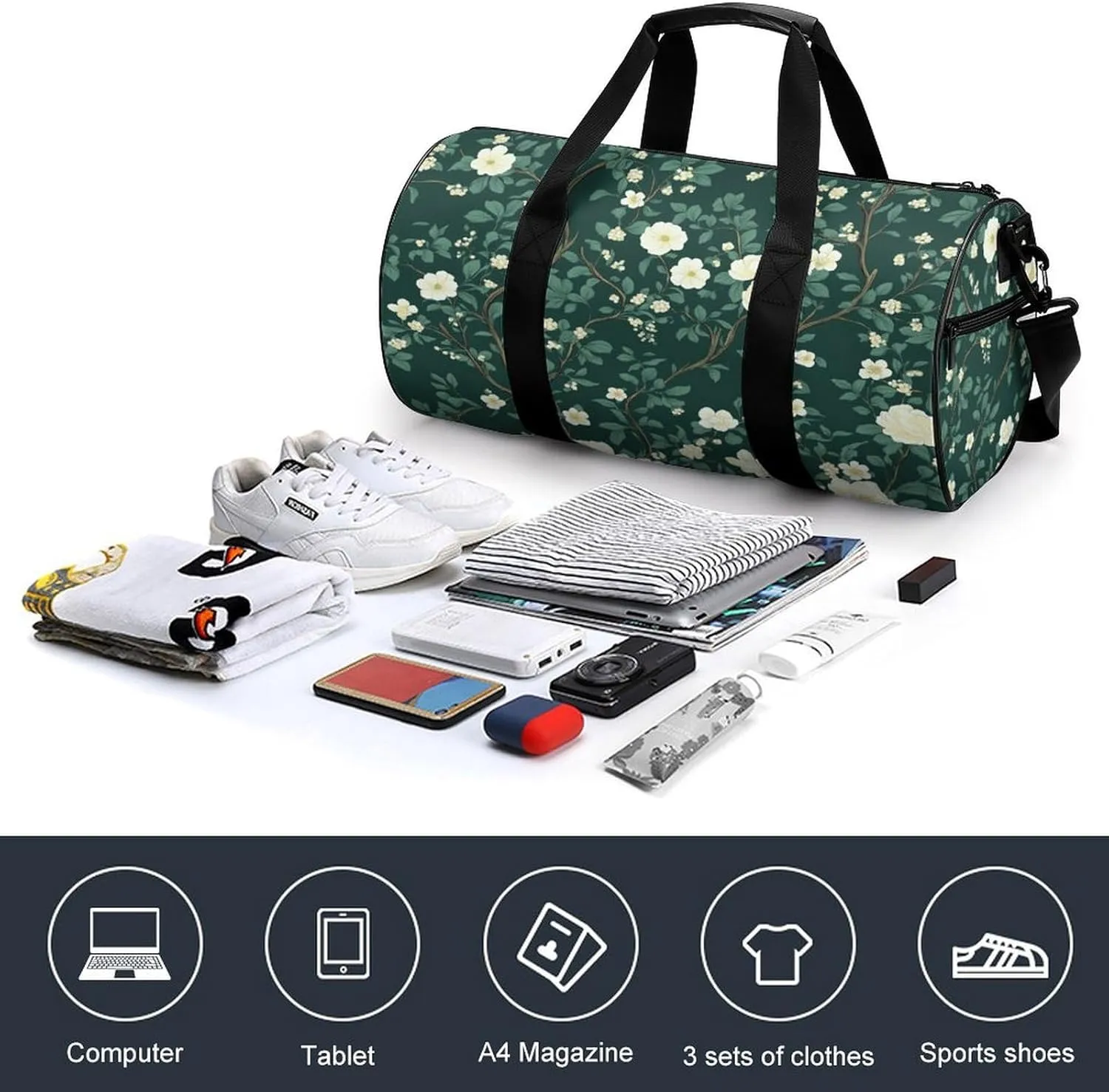 Pretty Green Floral Chinoiserie Pattern Travel Gym Bag for Women Men Cylindrical Duffle Bag Sport Workout Bag with Shoulder Strap