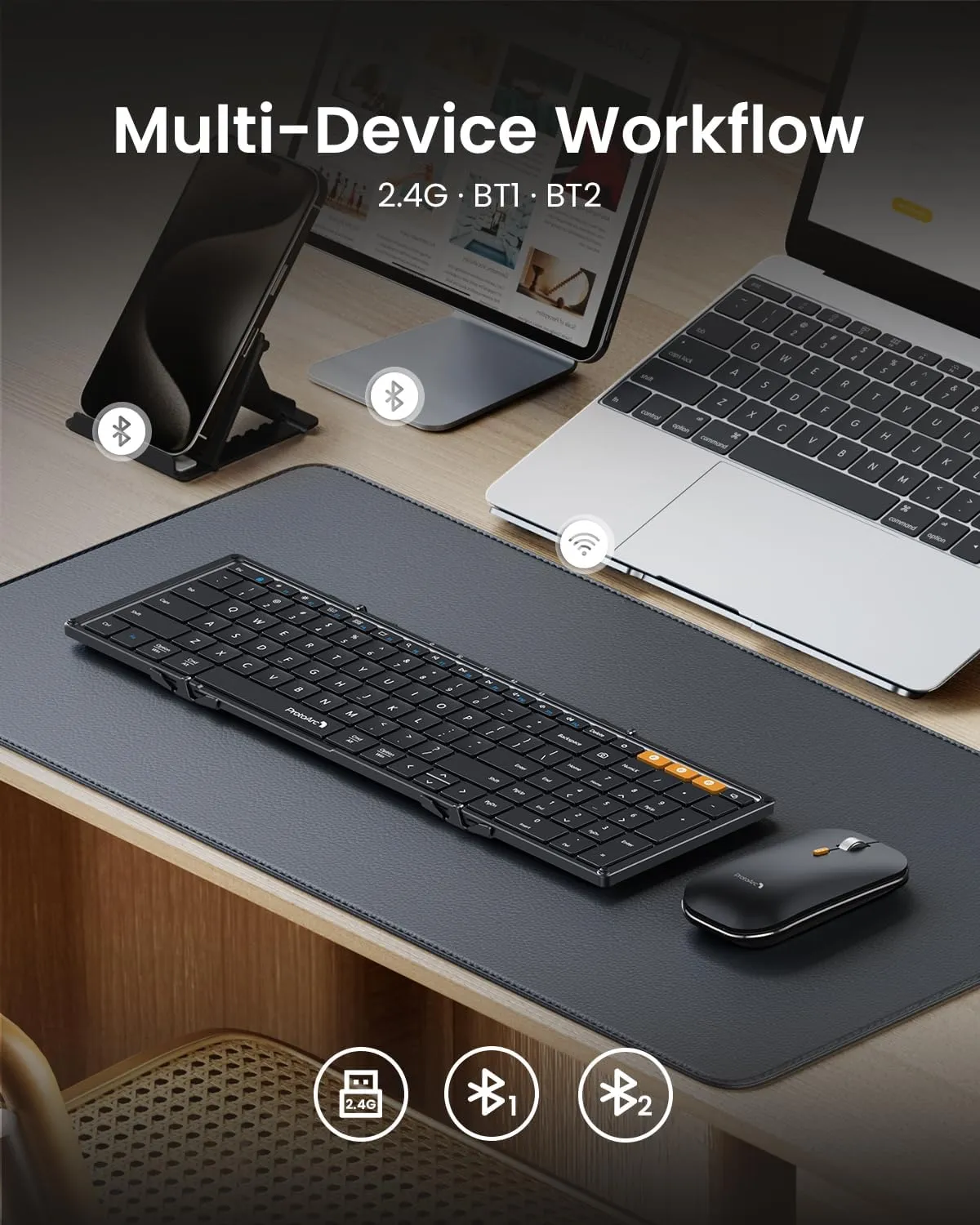 ProtoArc Foldable Keyboard and Mouse, XKM01 True Full-Size Folding Keyboard Mouse Combo for Business and Travel, 2.4G Dual Bluetooth Portable Mouse Keyboard for Laptop iPads Tablets - Black
