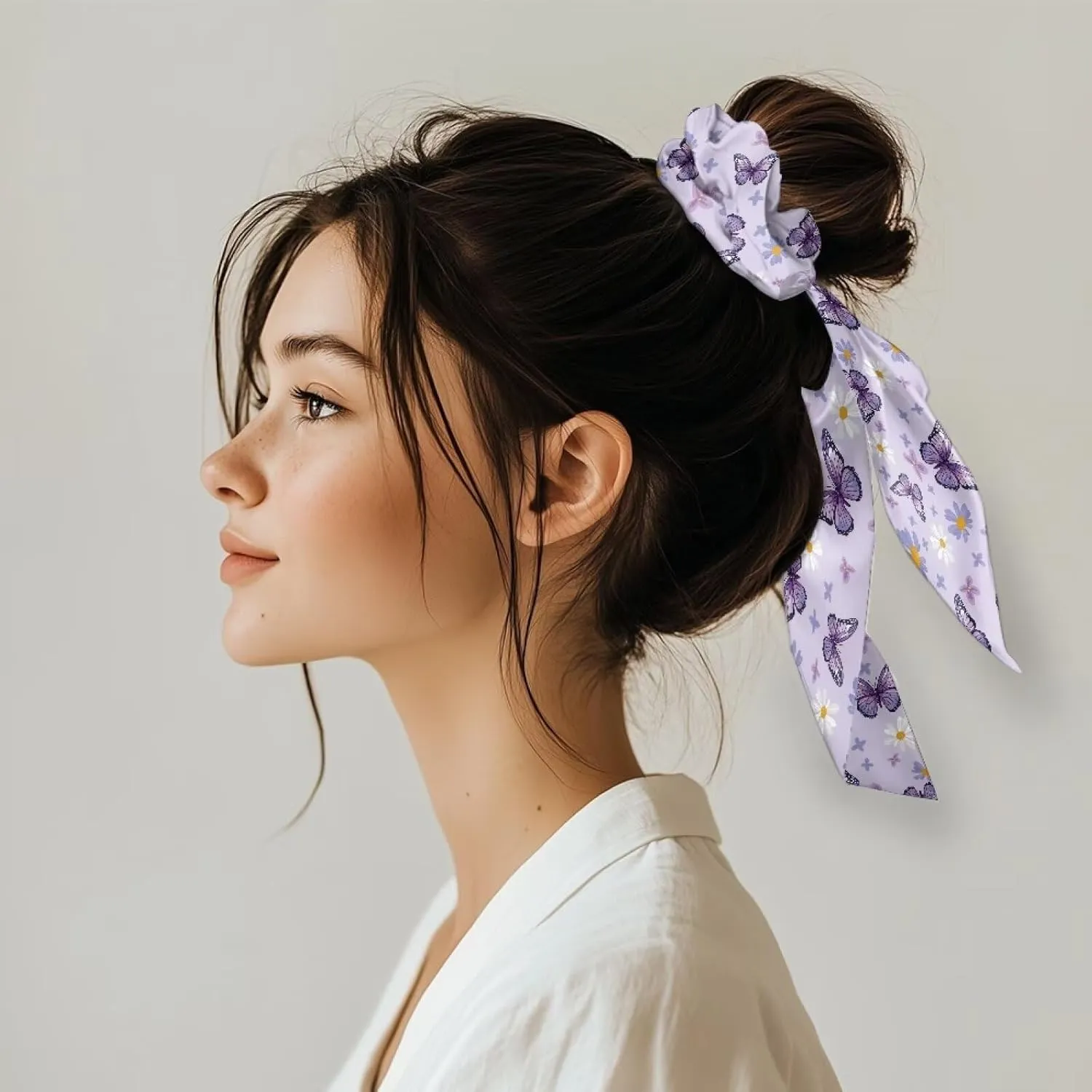 Purple Butterfly Satin Scrunchies Set of 2 Bow Hair Ties with Long Tails Fashion Hair Ribbons for Women for Party Hair Accessories Knotted Hair Bow for Thick Thin Hair Curly Hair