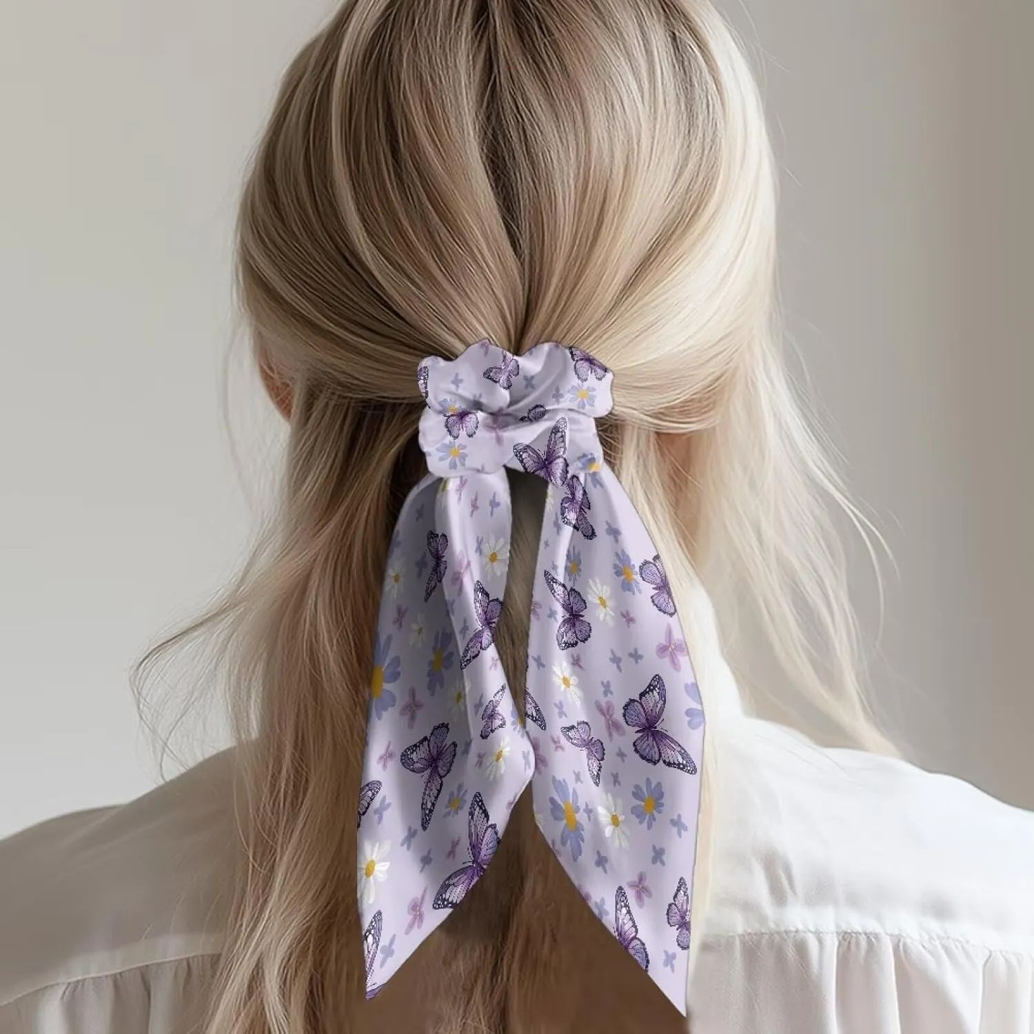 Purple Butterfly Satin Scrunchies Set of 2 Bow Hair Ties with Long Tails Fashion Hair Ribbons for Women for Party Hair Accessories Knotted Hair Bow for Thick Thin Hair Curly Hair